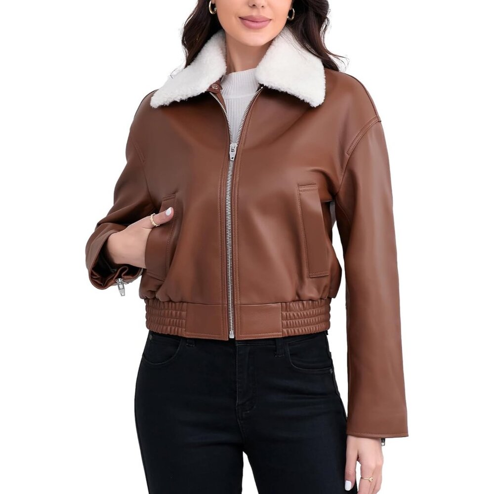 ✨Women Brown Cropped Lambskin Bomber Removable Sherpa Collar Zip Front Jacket